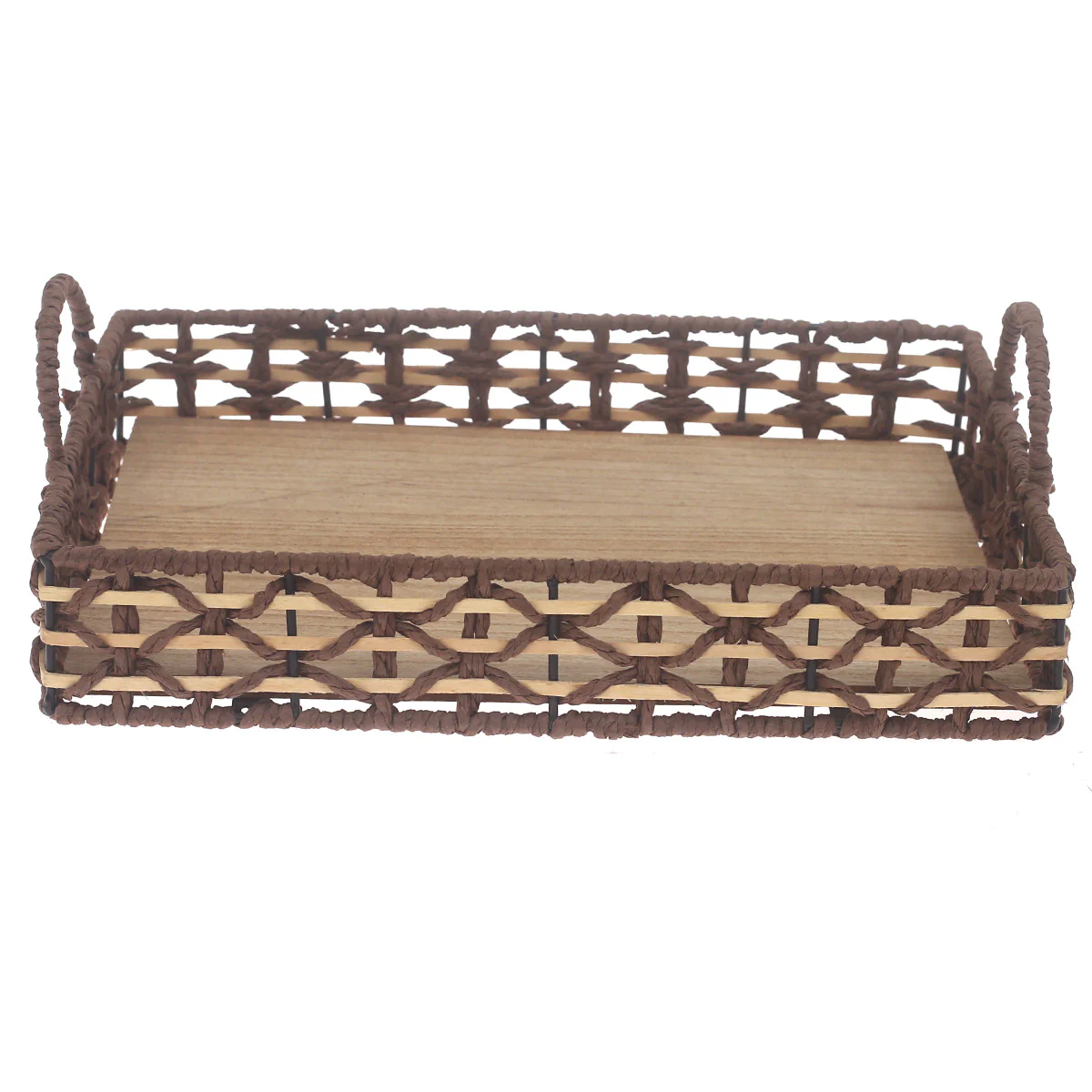 Small Handwoven Brown Decorative Tray with Wooden Base & Handles – 10 x 14 Inch