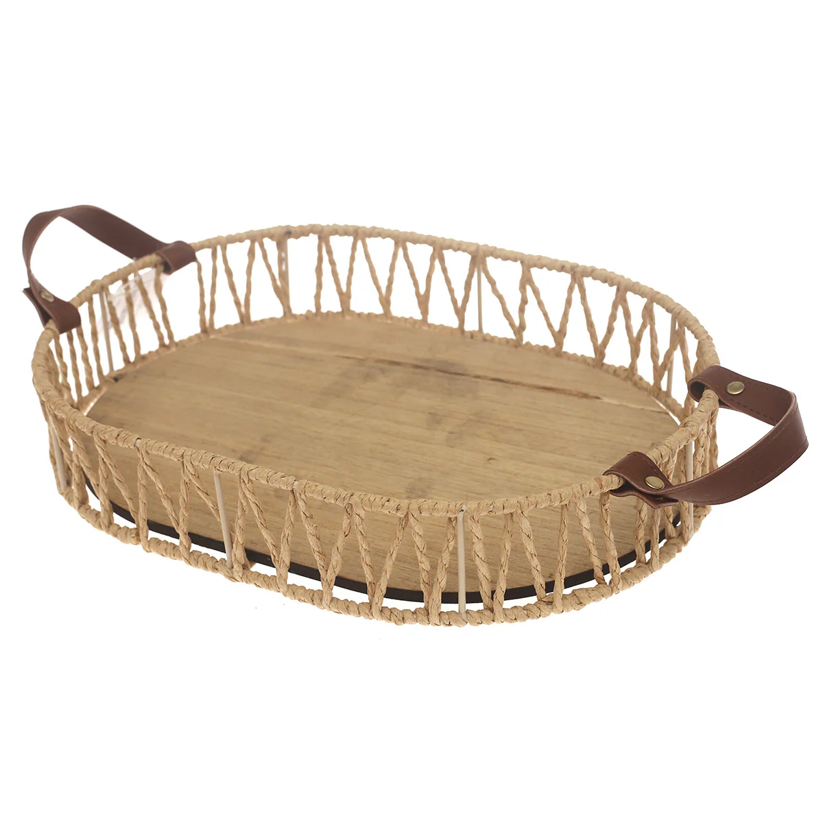 Small Handwoven Natural Decorative Tray with Wooden Base & Leather Handles – 10 x 14 Inch - Image 2
