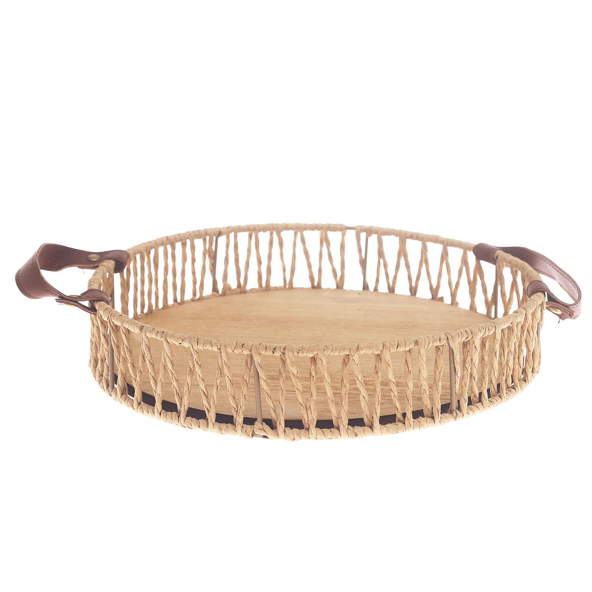 Small Handwoven Natural Decorative Tray with Wooden Base & Leather Handles – 11.5 Inch - Image 2