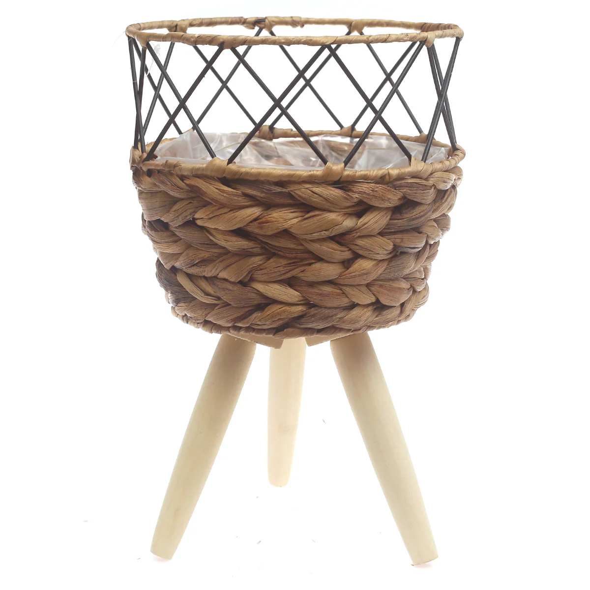 Small Natural Handwoven Planter with Wooden Stand – Open Metal Design | 8 x 8 Inch - Image 2