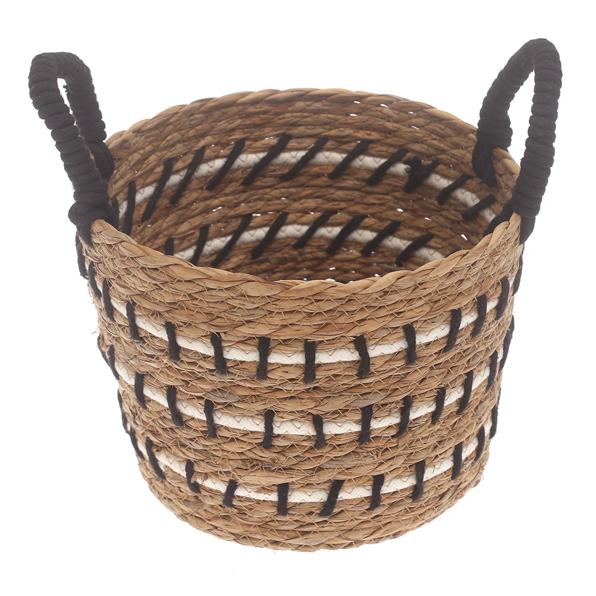 Small Natural Woven Storage Basket with Black & White Stitch Detail – 9 x 9 x 7.5 Inch - Image 2