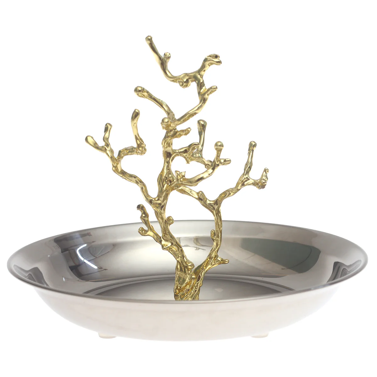 Small Silver Console Decorative Bowl with Gold Branch Sculpture – 8 x 8 x 6 Inch