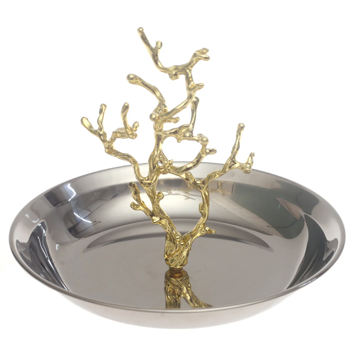 Small Silver Console Decorative Bowl with Gold Branch Sculpture – 8 x 8 x 6 Inch - Image 2