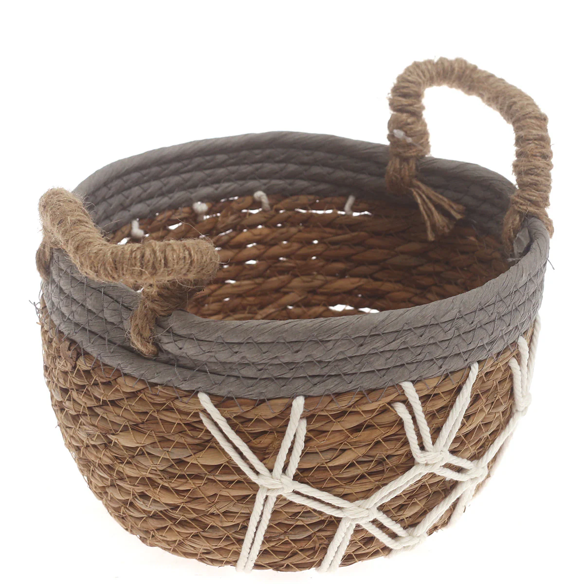Small Woven Storage Basket Grey & White Rope Detail – 9 x 9 x 5.5 Inch - Image 2