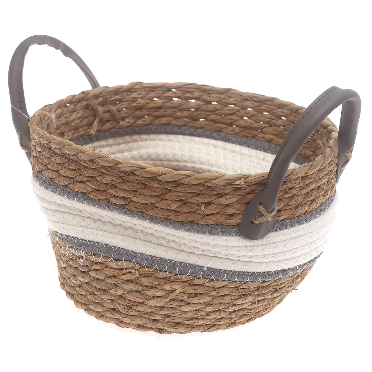 Small Woven Storage Basket White & Grey Stripe Design – 10 x 6 Inch - Image 2
