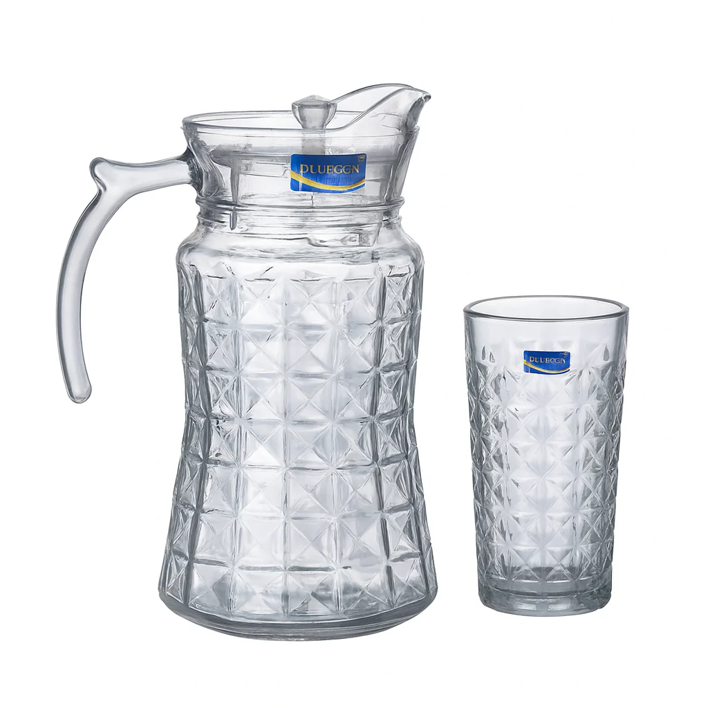 Smoke-Tinted 7-Piece Water Set – Diamond-Cut Jug & Matching Tumblers (Pressed Glass) - Image 2