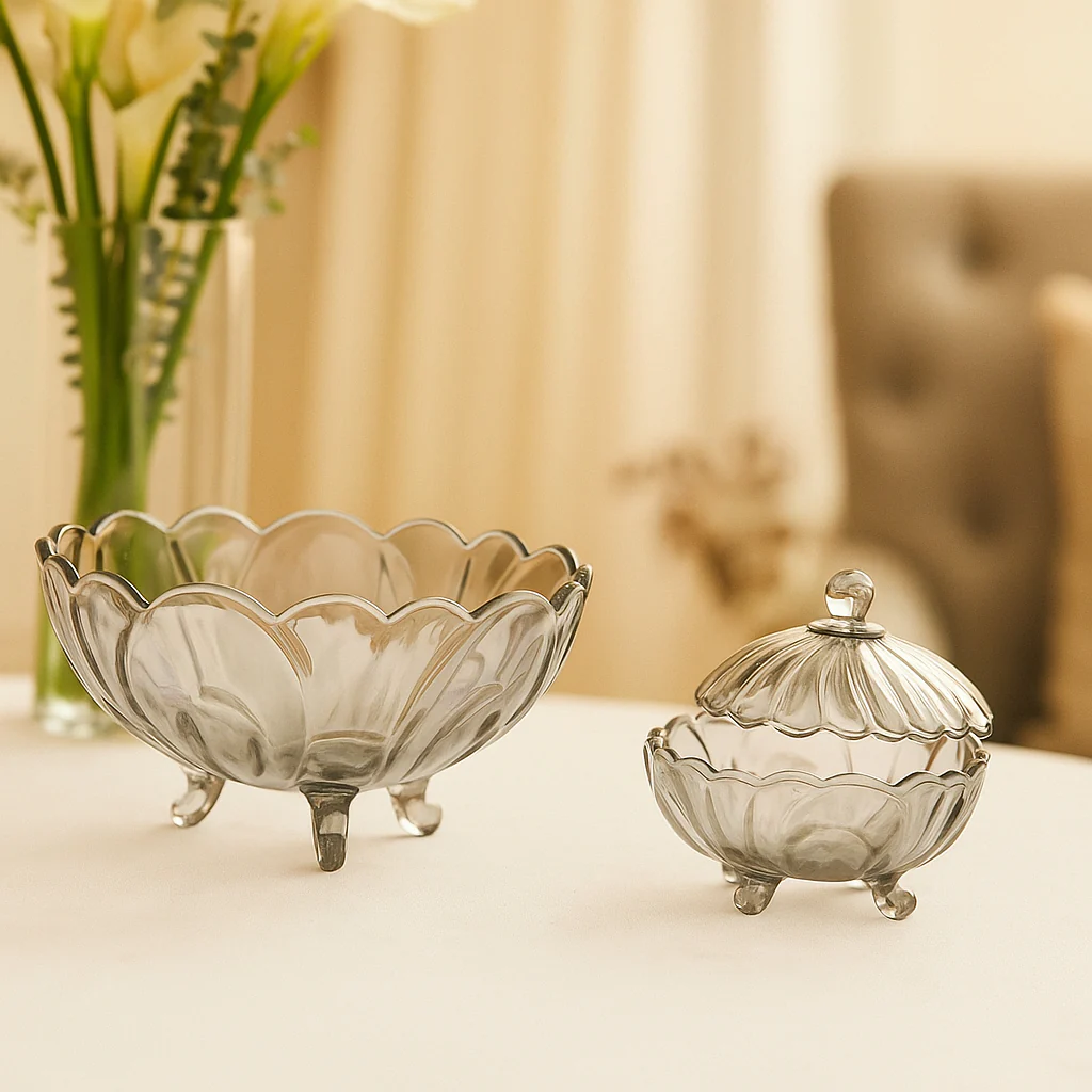 Smoky-Tinted Footed 7-Piece Fruit Bowl & Serving Set – Premium Coloured Pressed Glass