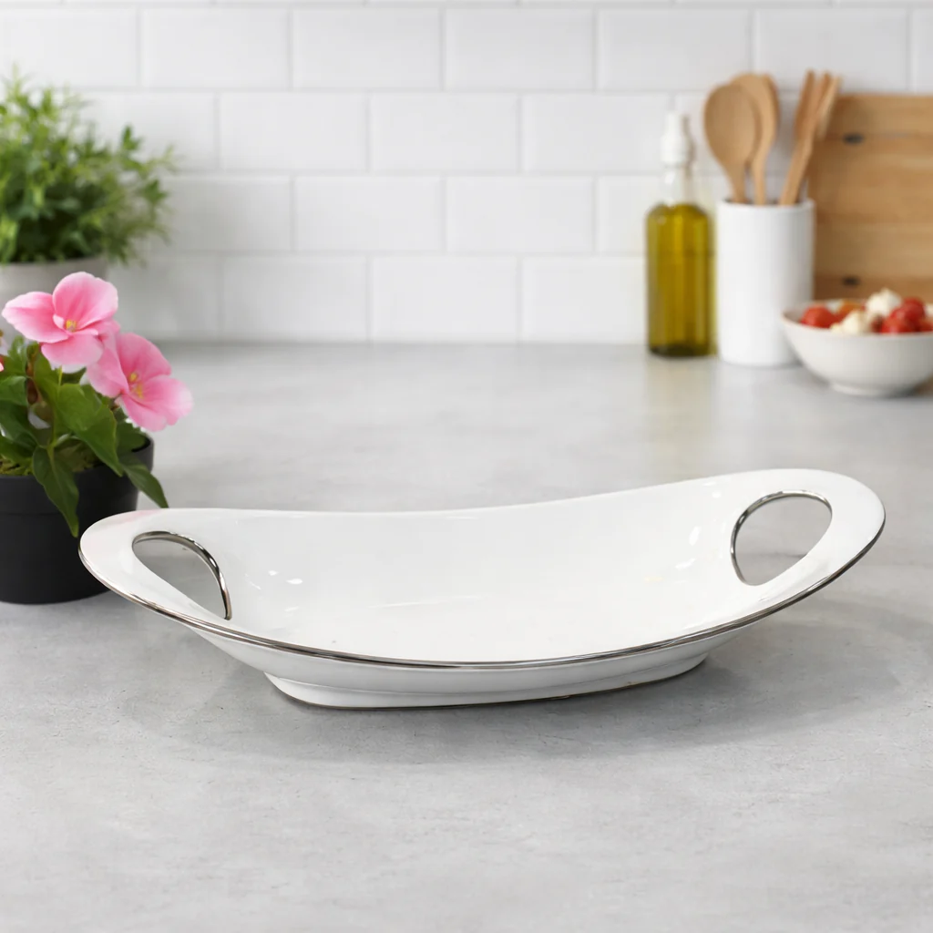 Snack Long Plate – Elegant Curved Serving Platter (Silver & Golden Finish)