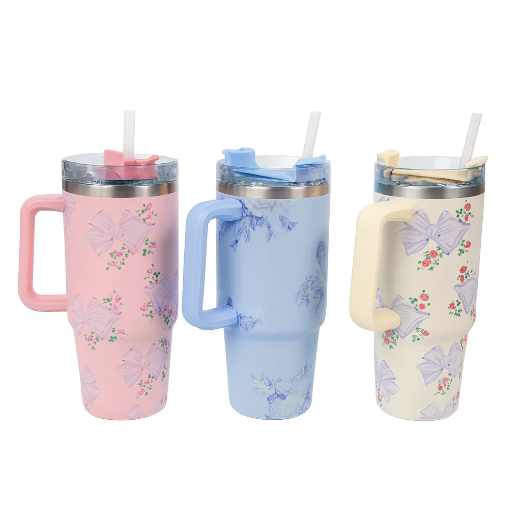 SS Flower Tumbler with Handle & Straw – Insulated Floral Travel Mug (White, Blue, Pink)