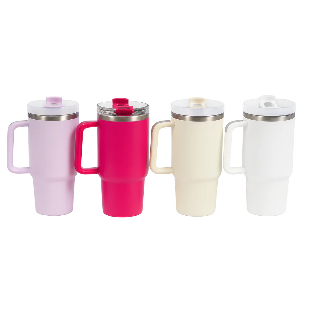 SS Plain Tumbler with Handle & Lid – Insulated Travel Mug (White, Beige, Pink, Purple)