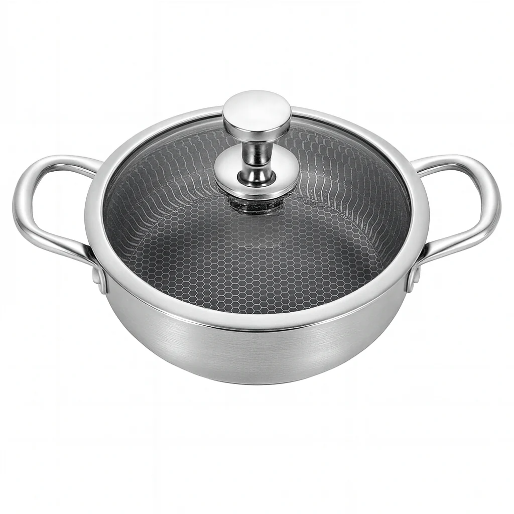 Stainless Steel Shallow Pot with Double Handles & Lid | 26cm, 28cm & 32cm | Non-Stick Honeycomb Cookware for Gas & Induction