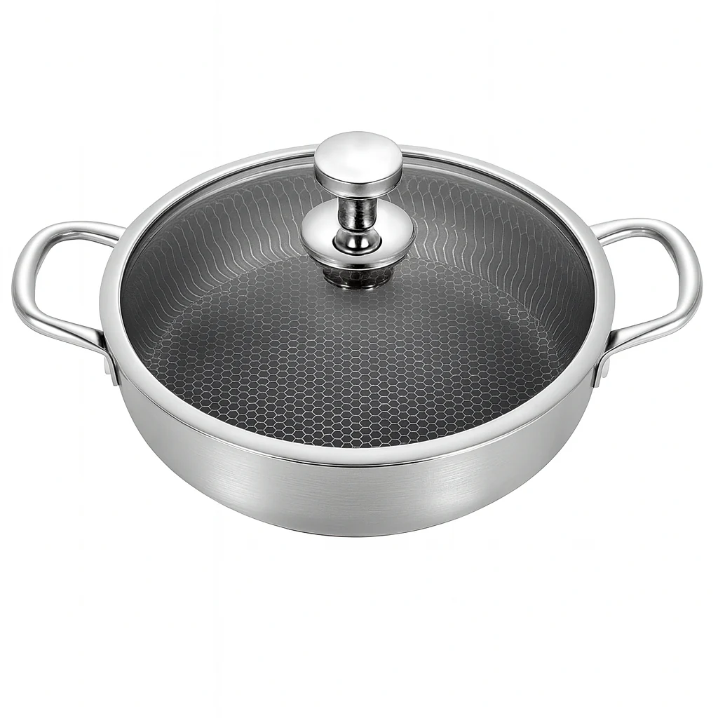 Stainless Steel Shallow Pot with Double Handles & Lid | 26cm, 28cm & 32cm | Non-Stick Honeycomb Cookware for Gas & Induction - Image 2