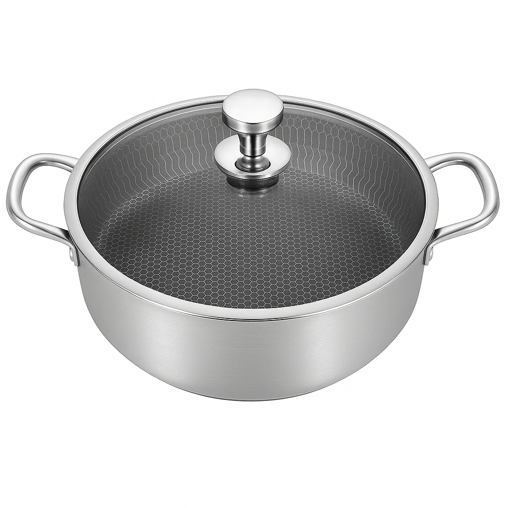 Stainless Steel Shallow Pot with Double Handles & Lid | 26cm, 28cm & 32cm | Non-Stick Honeycomb Cookware for Gas & Induction - Image 3