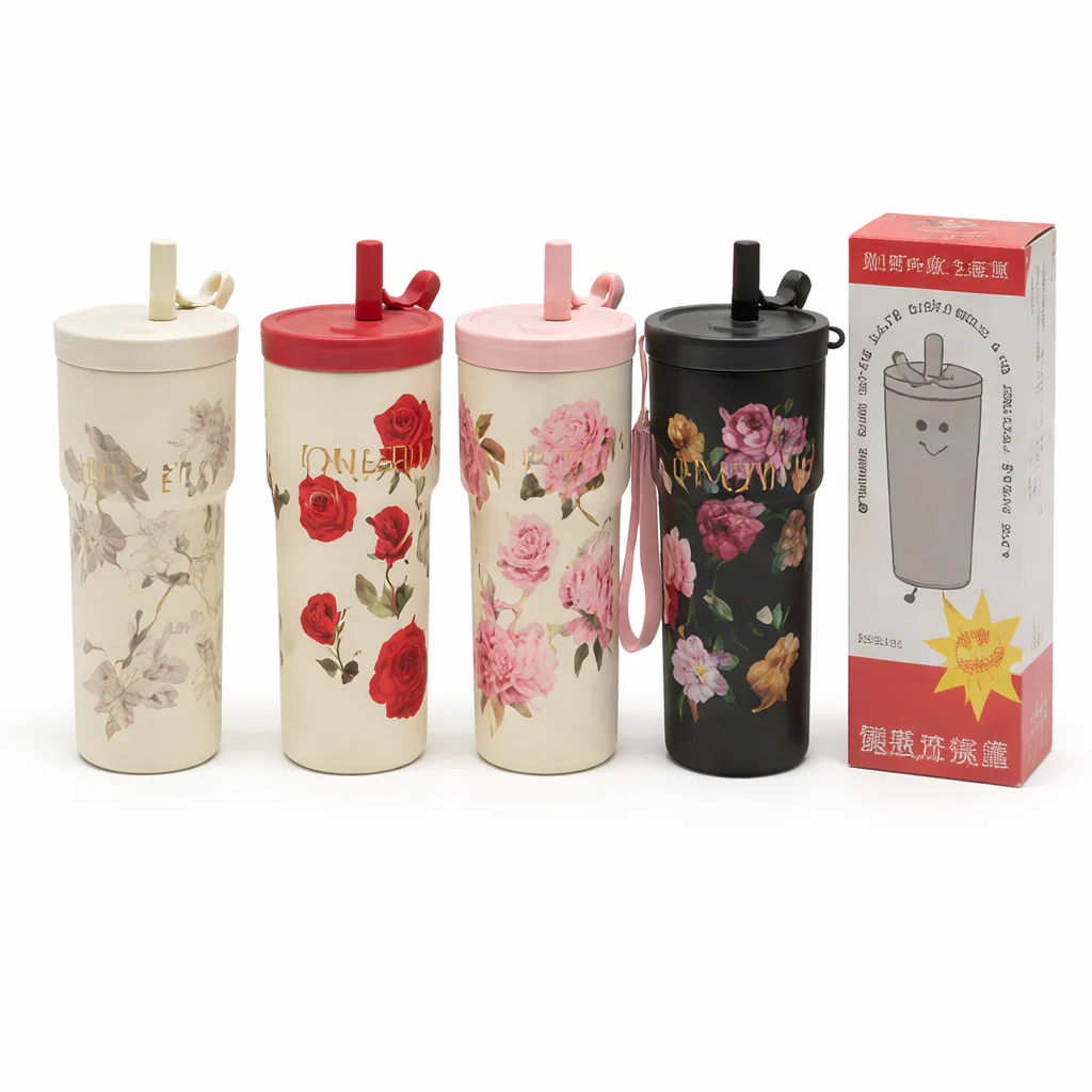 Stainless Steel Vacuum Floral Cup 5305 – 550ML Insulated Travel Tumbler with Straw