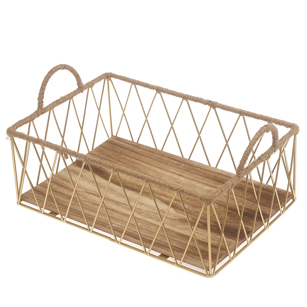 Storage Basket – Medium Gold Metal Wire Basket with Wooden Base & Handles (10 x 14 Inch) - Image 2