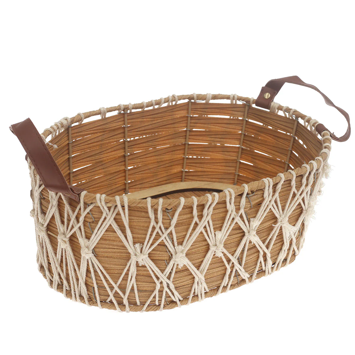 Storage Basket – Medium Natural Handwoven Basket with Macramé Detailing & Handles (10 x 14 x 5.5 Inch) - Image 2