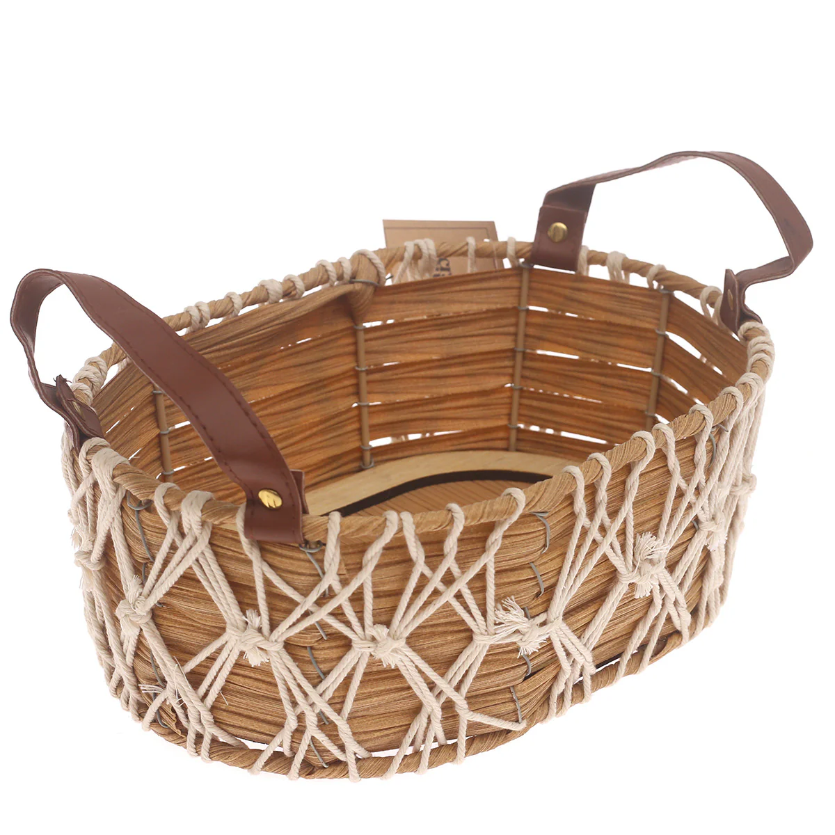 Storage Basket – Small Natural Handwoven Basket with Macramé Detailing & Handles (8 x 12 x 5 Inch) - Image 2