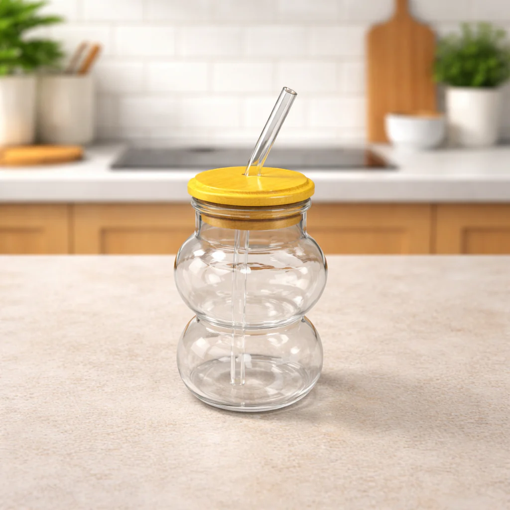 Straw Glass – Modern Curved Mini Tumbler with Bamboo Lid & Reusable Straw