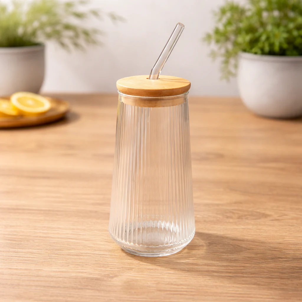 Straw Glass with Bamboo Lid – Ribbed Clear Tumbler with Reusable Straw