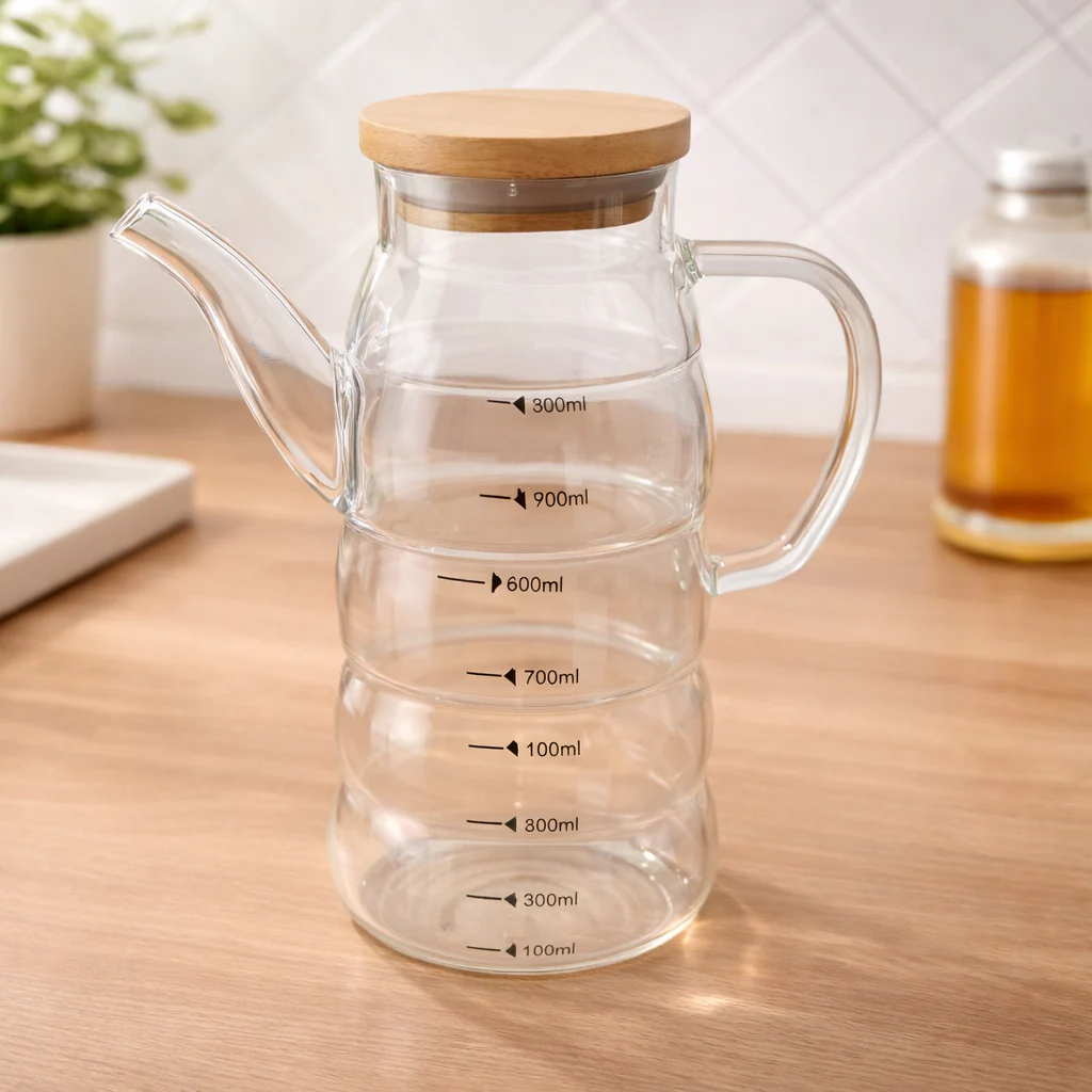 Tempered Glass Oil Bottle with Measurement Line – Heat-Resistant Kitchen Oil Dispenser with Handle & Lid