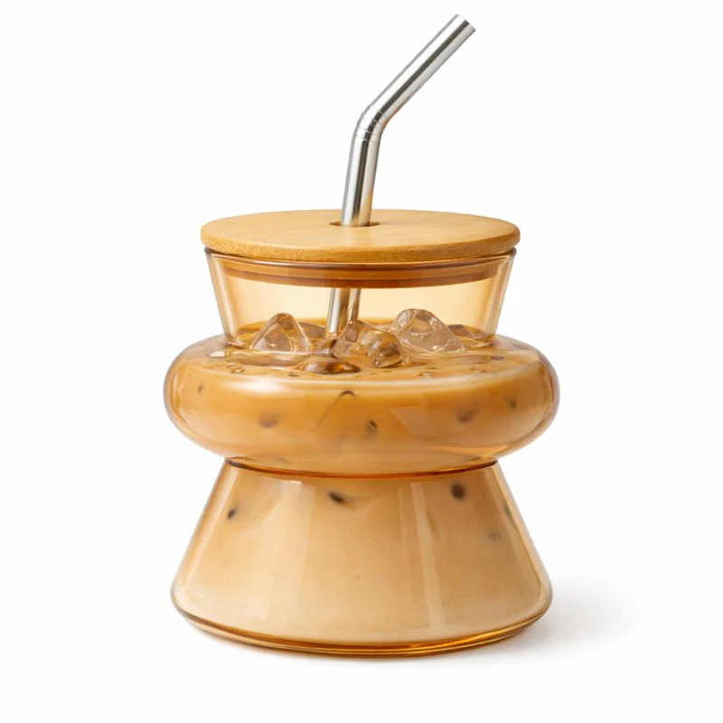 Transparent Golden Glass Mason Jar – Elegant Drink Jar with Wooden Lid & Steel Straw