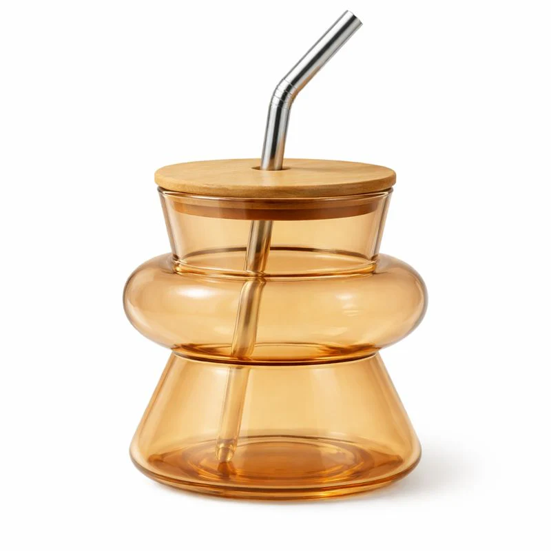 Transparent Golden Glass Mason Jar – Elegant Drink Jar with Wooden Lid & Steel Straw - Image 2