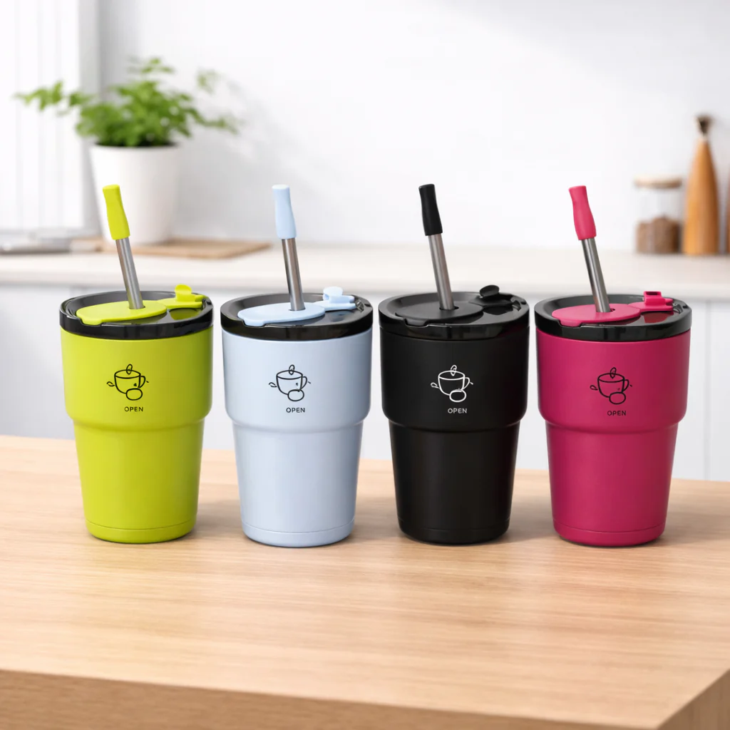 Vacuum Tumbler 450ML – Insulated Travel Mug with Lid & Straw (White, Green, Light Blue, Black, Red)