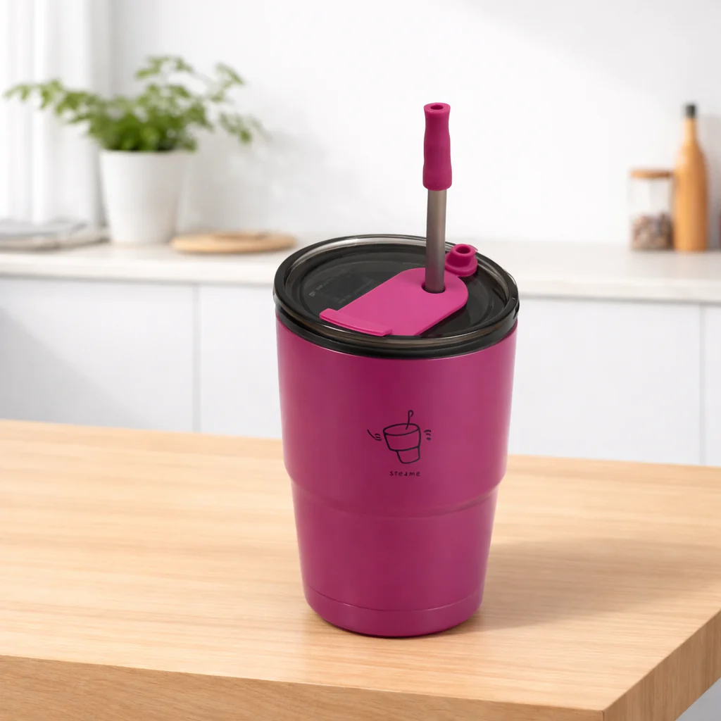 Vacuum Tumbler 450ML – Insulated Travel Mug with Lid & Straw (White, Green, Light Blue, Black, Red) - Image 2