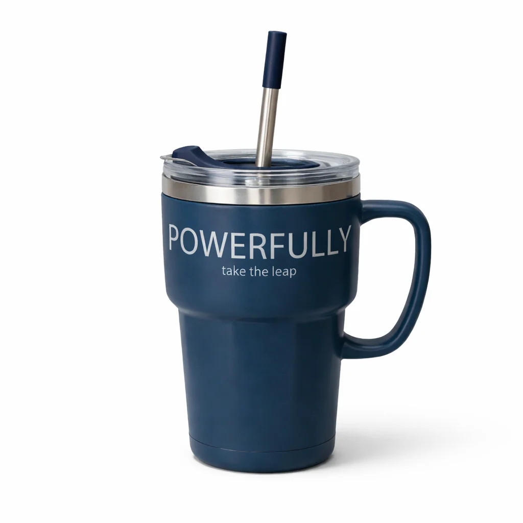 Vacuum Tumbler 600ML – Insulated Travel Mug with Straw (Brown, White, Blue, Green) - Image 3