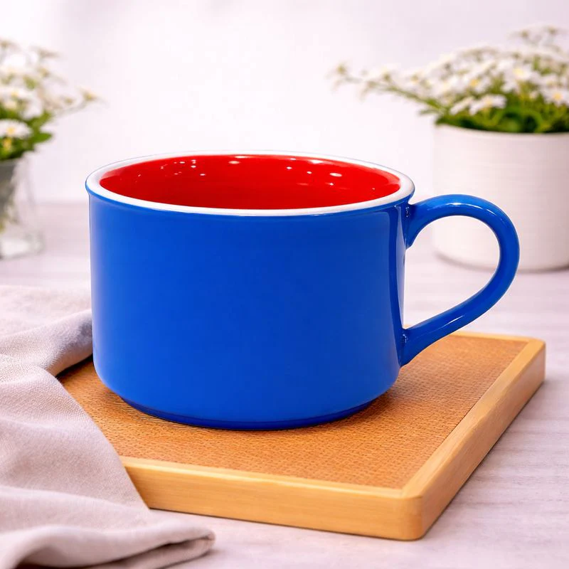 Vibrant Color Block Ceramic Mug – Modern Wide Coffee & Tea Cup in Blue