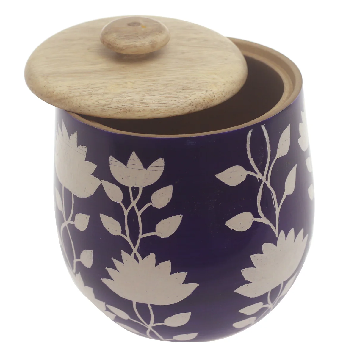 Violet Bloom Naqshi Storage Jar – Handcrafted Wooden Jar with Blue & White Floral Naqshi Art - Image 2