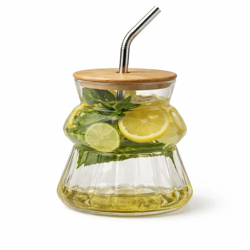 Volcano Transparent Glass Mason Jar – Stylish Infused Drink Jar with Wooden Lid & Steel Straw