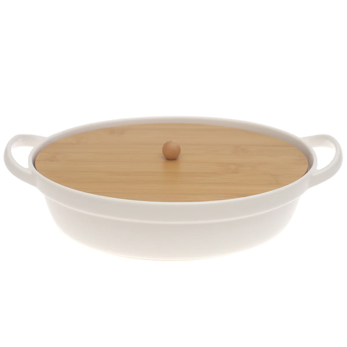 White Ceramic Serving Dish with Bamboo Lid 8.5 x 11.5 Inch – Oval Covered Serving Dish with Handles