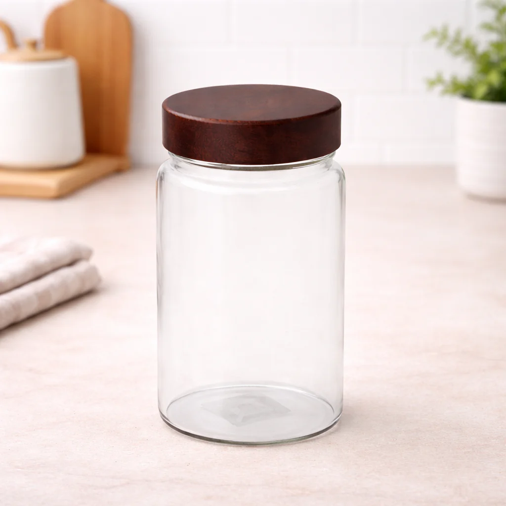 Wood Lid Jar (Medium) – Tall Storage Container with Dark Wooden Lid