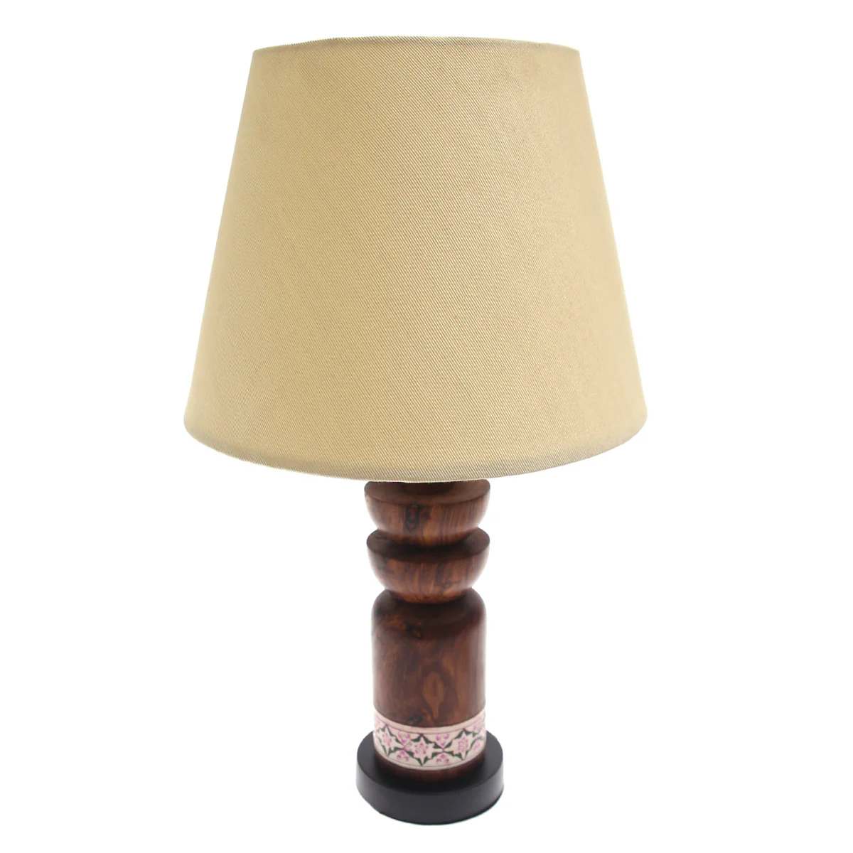 Wooden Table Lamp – White & Pink Printed Base | Classic Beige Shade - Image 2